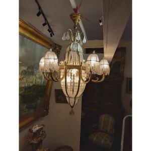 Chandelier In Gilt Bronze And Opaque Glassware Attr In Sue Et Mare